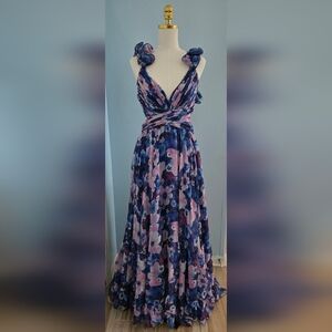 MacDuggal Blue Ruffle Tiered Floral Cut-Out Chiffon Gown